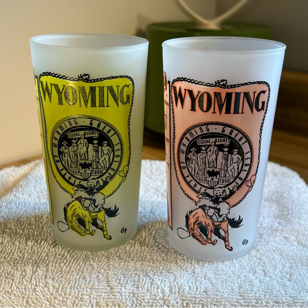 Vintage Pink & Yellow Wyoming Souvenir Frosted Glass Hazel Atlas 5”